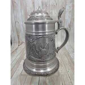 Vintage Zinn German 95% Pewter Lidded Beer Stein - 7" - Bas Relief Stag Scene